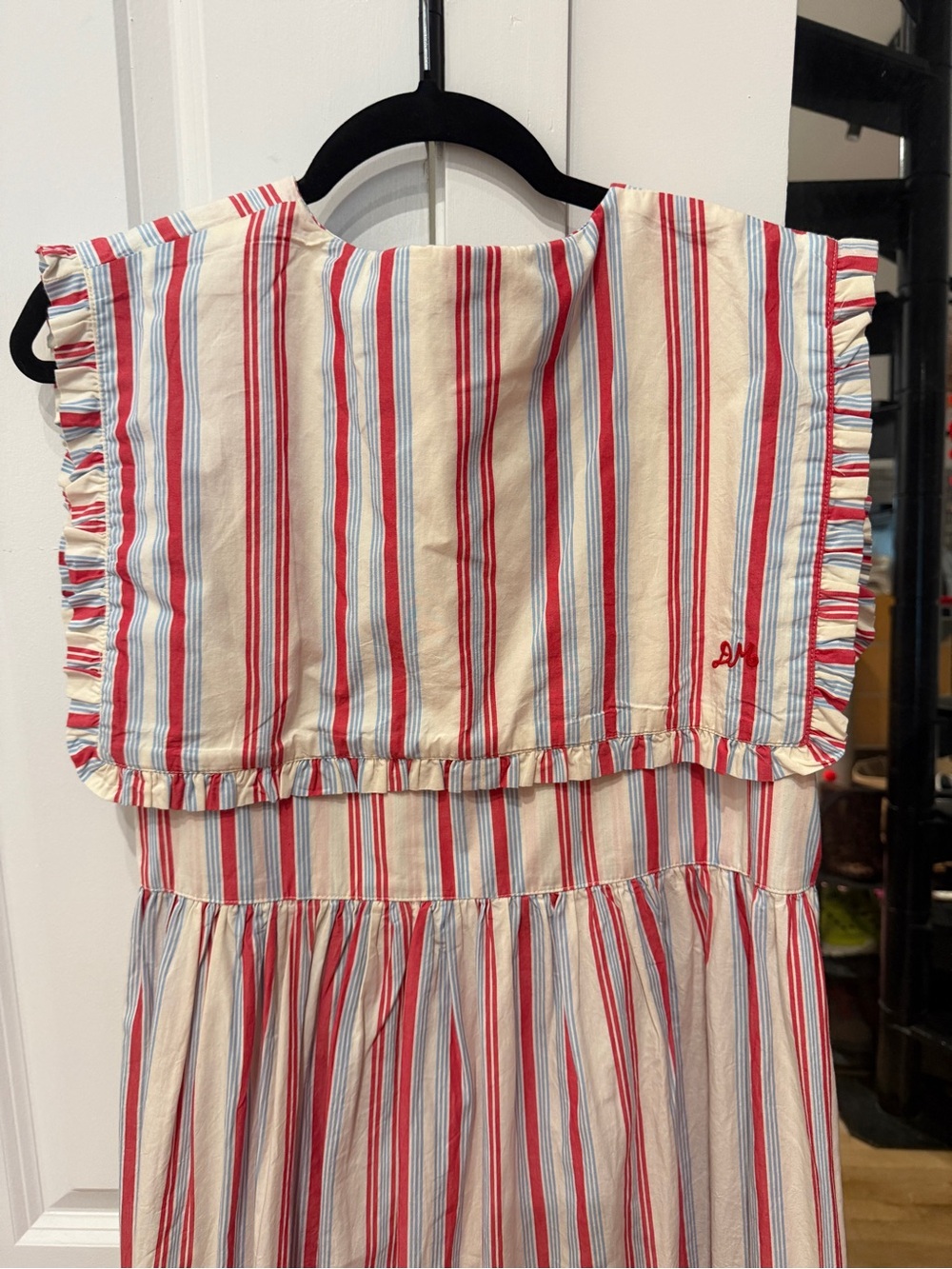 Sleeveless Pink & White Striped Maxi Dress with Ruffle Yoke - Picture 3 of 5